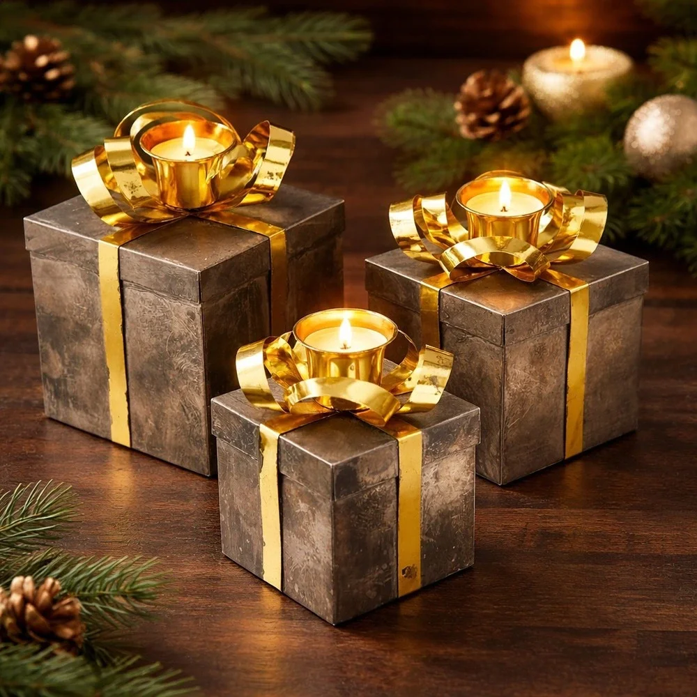 Godinger‎ Silverplate Gift Box Candle Holders Set of 3 Gold Bow Tealight